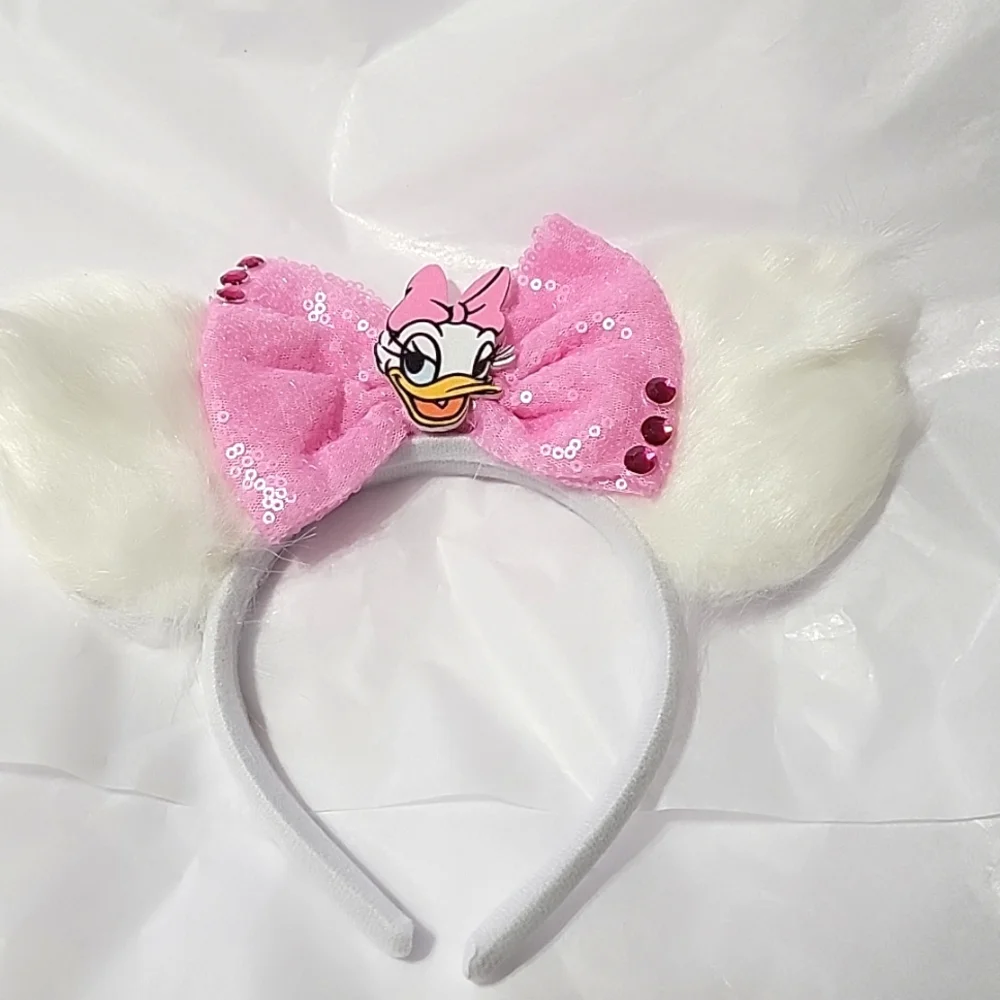 🍎New Daisy Duck Irridescent Sequin Fx Fur Mickey & Minnie Mouse Ears  Headband